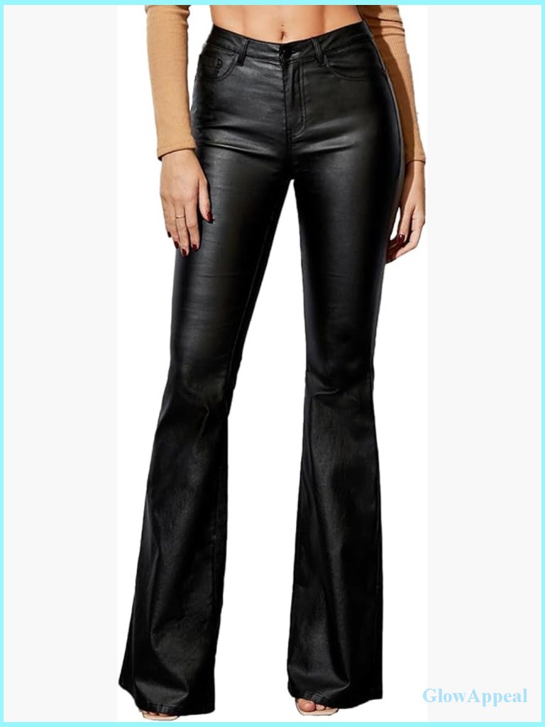 Faux Leather Coated Flare Pants Mid Waist Pu Skinny Black Leggings Bell Bottom